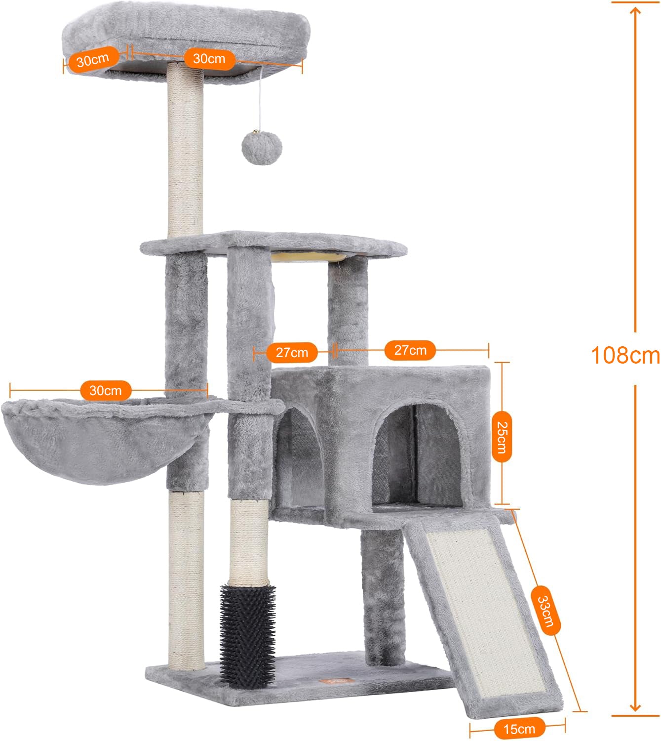 Cat Tree with Cat Self Groomer Brush, Cat Tower Condo for Indoor Cats with Padded Plush Perch,Cat House with Basket Scratching Board Post