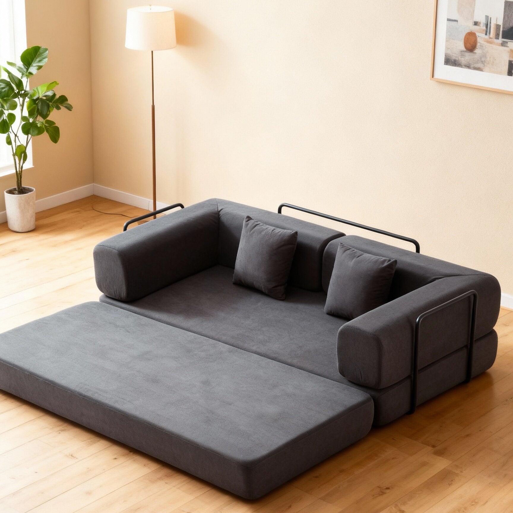 Convertible Sleeper Sofa Bed with Cylindrical Pillow, Corduroy Folding Mattress Couch with Fixed-Shape Frame, Floor Sofa Lounge Couch for Living Room Bedroom Lounge Studio
