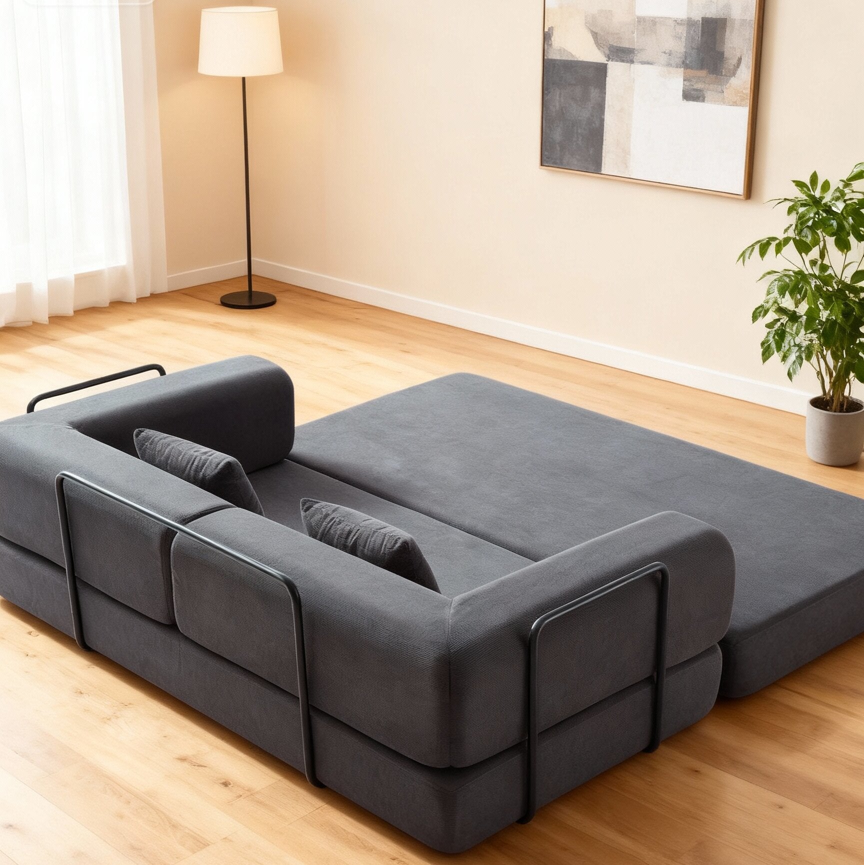 Convertible Sleeper Sofa Bed with Cylindrical Pillow, Corduroy Folding Mattress Couch with Fixed-Shape Frame, Floor Sofa Lounge Couch for Living Room Bedroom Lounge Studio
