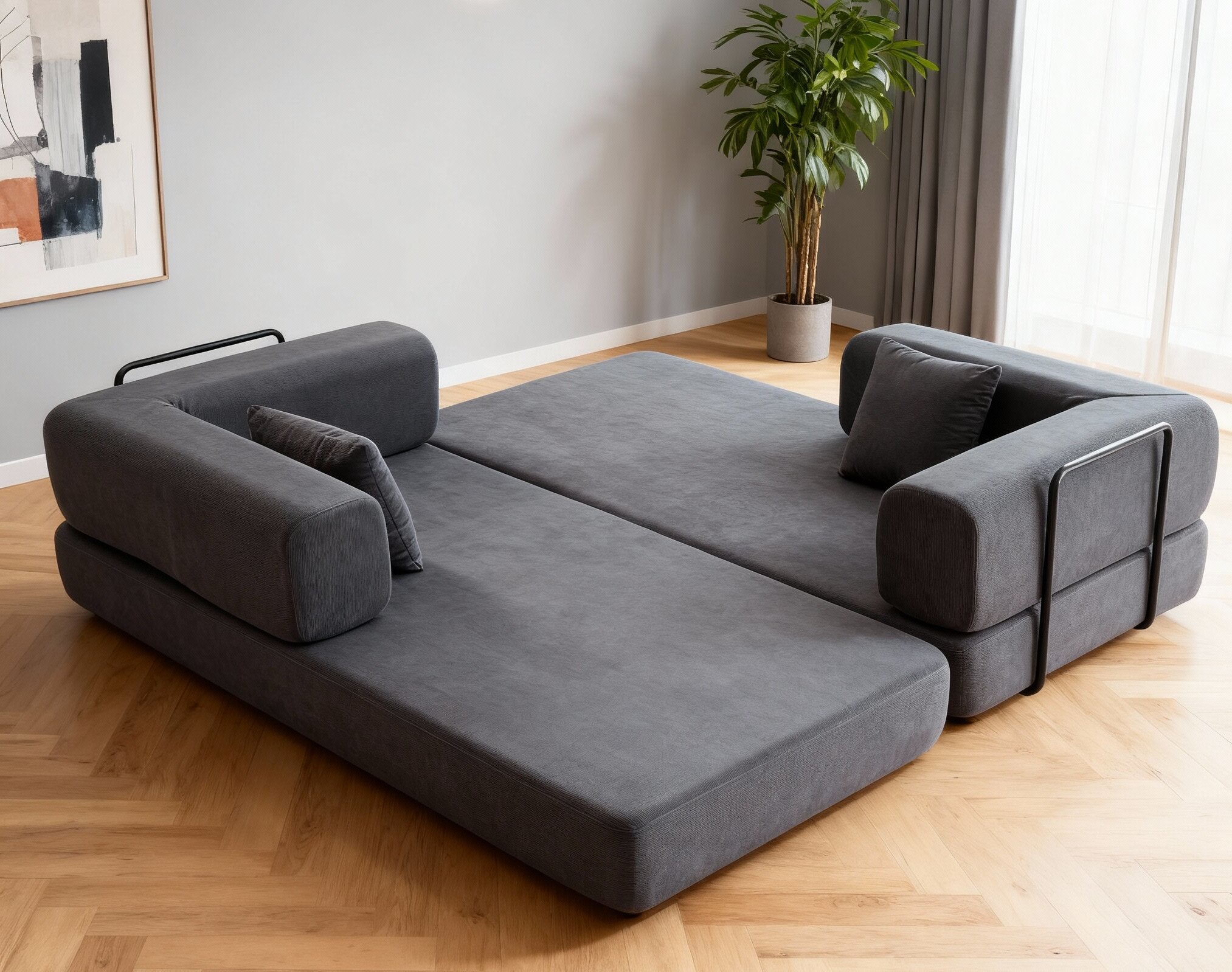 Convertible Sleeper Sofa Bed with Cylindrical Pillow, Corduroy Folding Mattress Couch with Fixed-Shape Frame, Floor Sofa Lounge Couch for Living Room Bedroom Lounge Studio