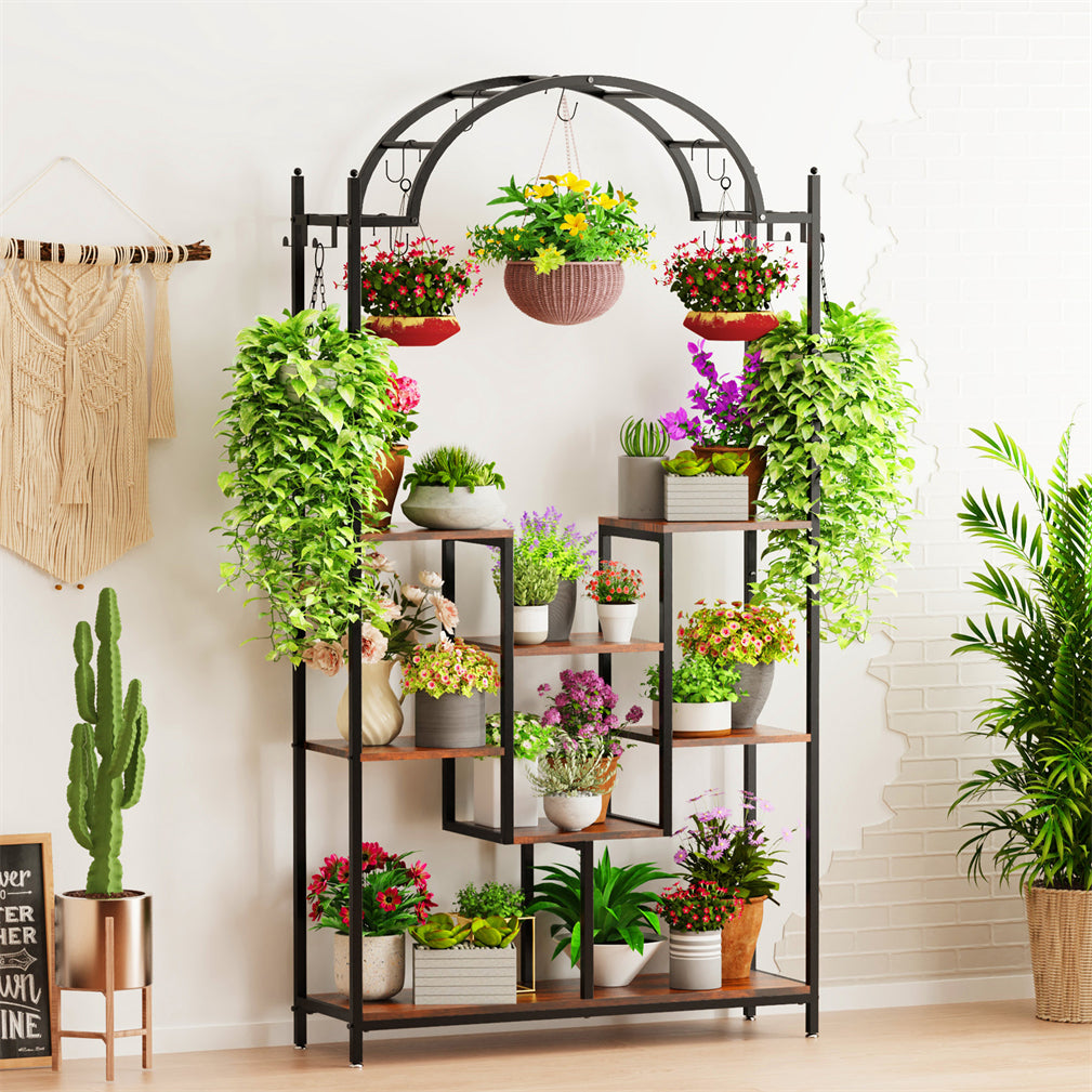 XXL Plant Stand Arched Metal Bonsai Flower Shelf w/ Hanging Hooks