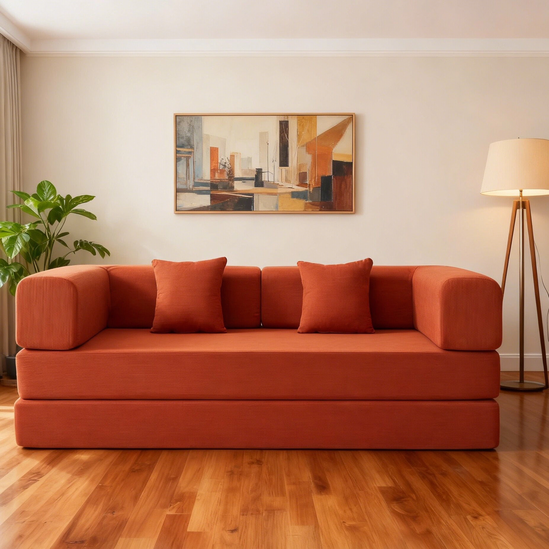 Convertible Sleeper Sofa Bed with Cylindrical Pillow, Corduroy Folding Mattress Couch with Fixed-Shape Frame, Floor Sofa Lounge Couch for Living Room Bedroom Lounge Studio