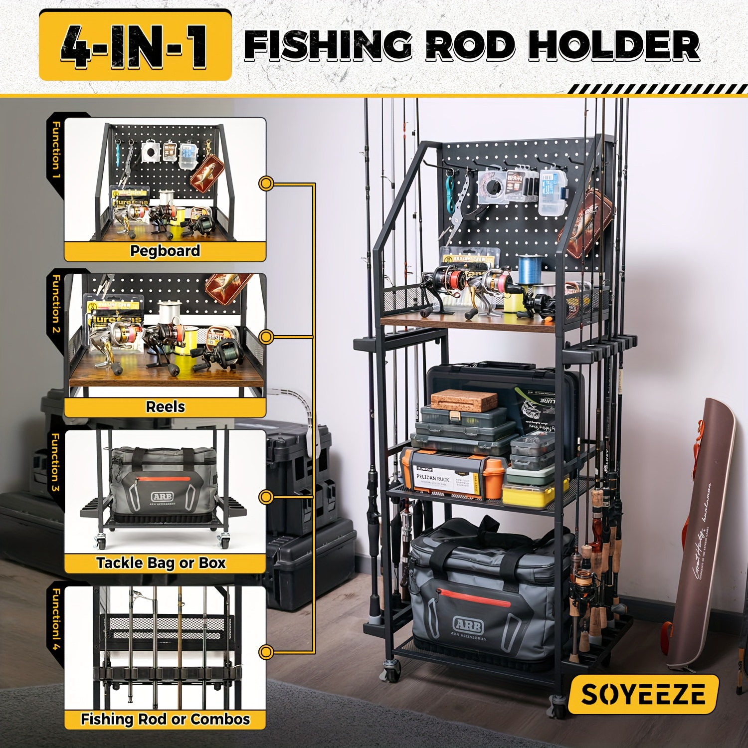 Garage Fishing Rod Rack，3-Tier Design to 12 Rods with Pegboards