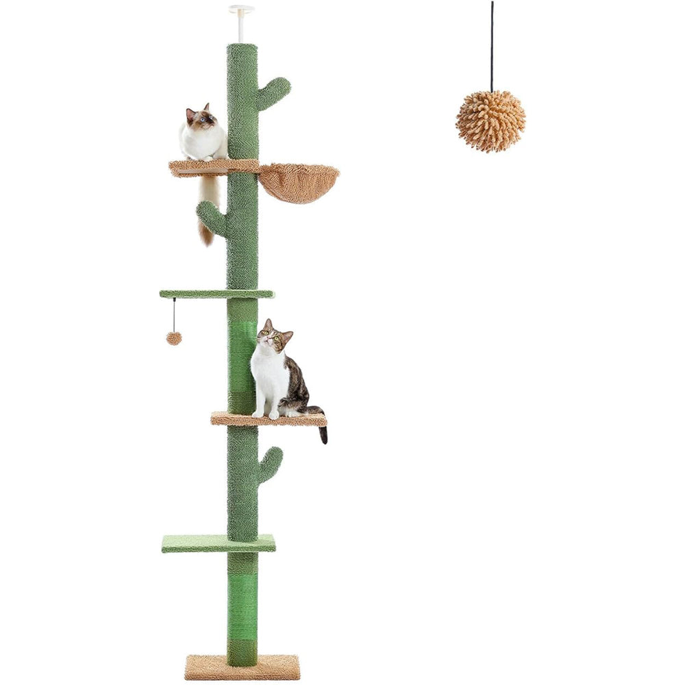 Cactus Cat Tree Four Tier Floor-to-Ceiling Cat Climbing Tower with Cozy Hammock, Cat Activity Center 9 Feet Green