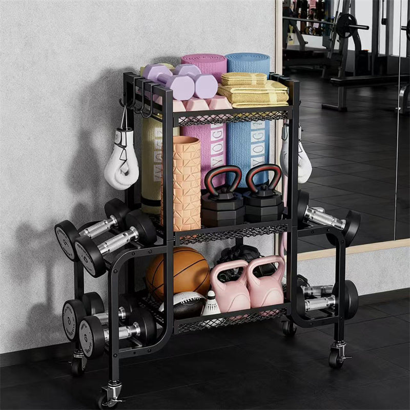 3-Tier Gym Storage Rack – Rolling Dumbbell, Kettlebell & Yoga Mat Organizer