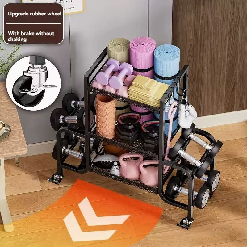 3-Tier Gym Storage Rack – Rolling Dumbbell, Kettlebell & Yoga Mat Organizer