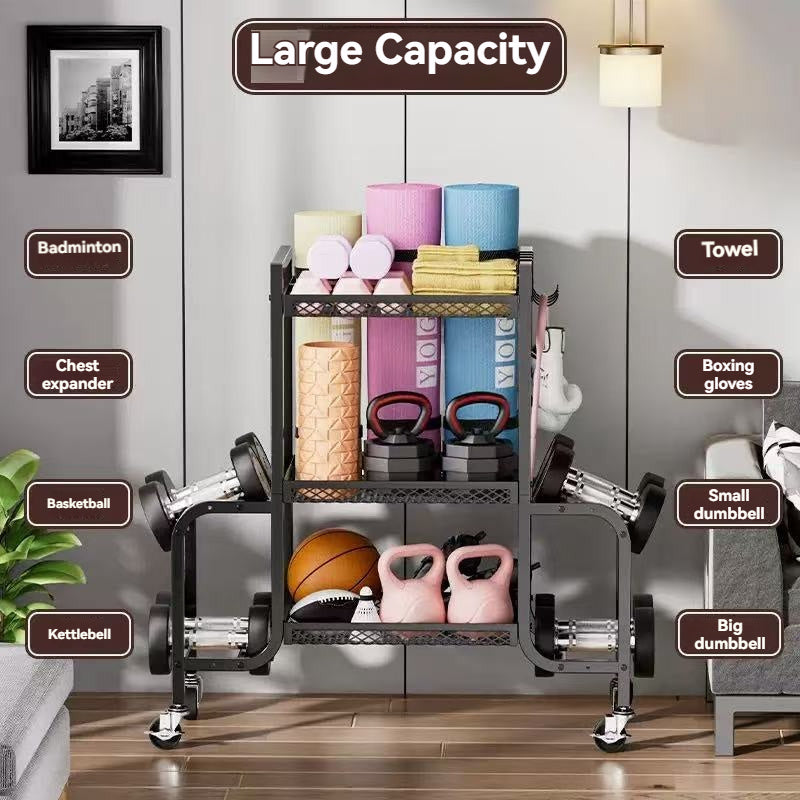 3-Tier Gym Storage Rack – Rolling Dumbbell, Kettlebell & Yoga Mat Organizer