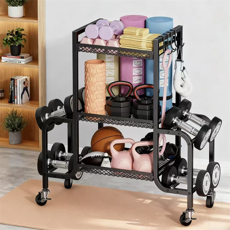 3-Tier Gym Storage Rack – Rolling Dumbbell, Kettlebell & Yoga Mat Organizer