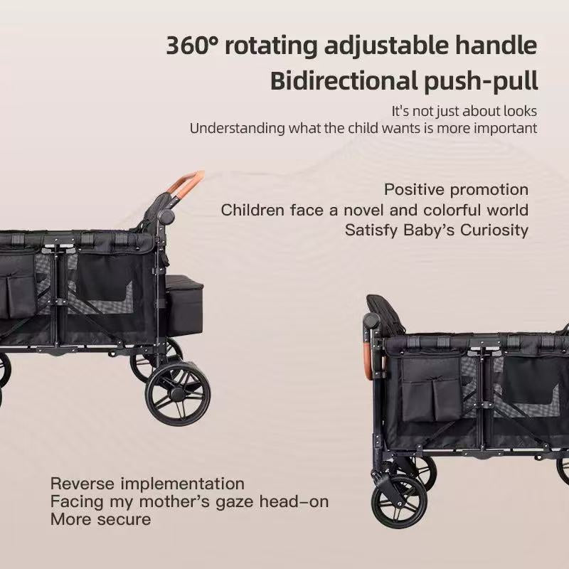 Foldable 4-Wheel Stroller - Ideal for Family Trips with Kids, 2-Seater Children's Travel Mountain Stroller