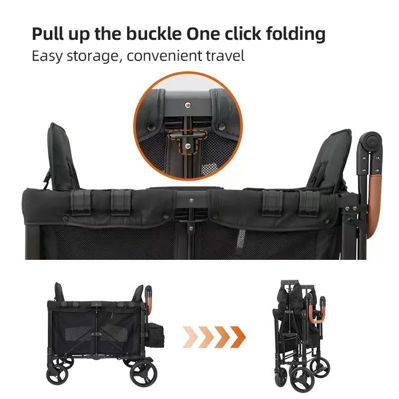 Foldable 4-Wheel Stroller - Ideal for Family Trips with Kids, 2-Seater Children's Travel Mountain Stroller