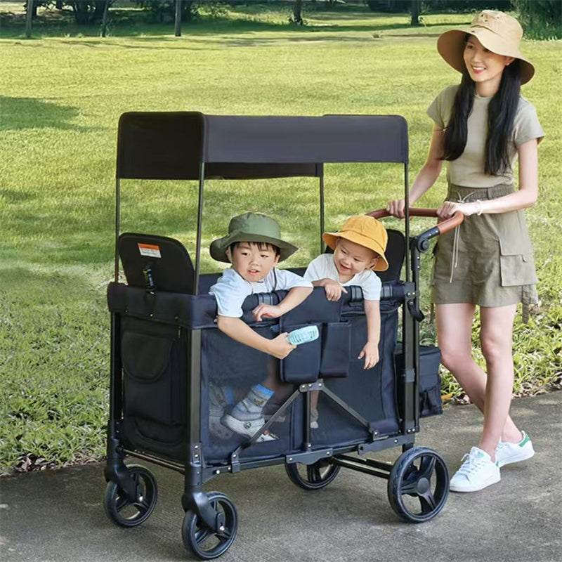 Foldable 4-Wheel Stroller - Ideal for Family Trips with Kids, 2-Seater Children's Travel Mountain Stroller