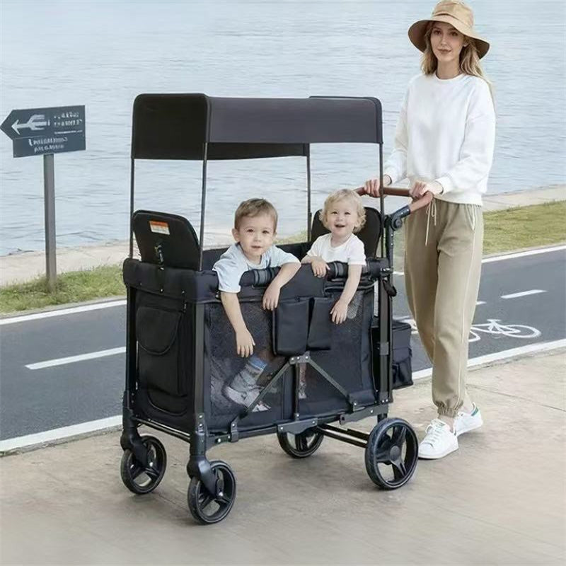 Foldable 4-Wheel Stroller - Ideal for Family Trips with Kids, 2-Seater Children's Travel Mountain Stroller