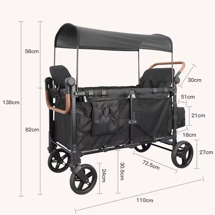 Foldable 4-Wheel Stroller - Ideal for Family Trips with Kids, 2-Seater Children's Travel Mountain Stroller