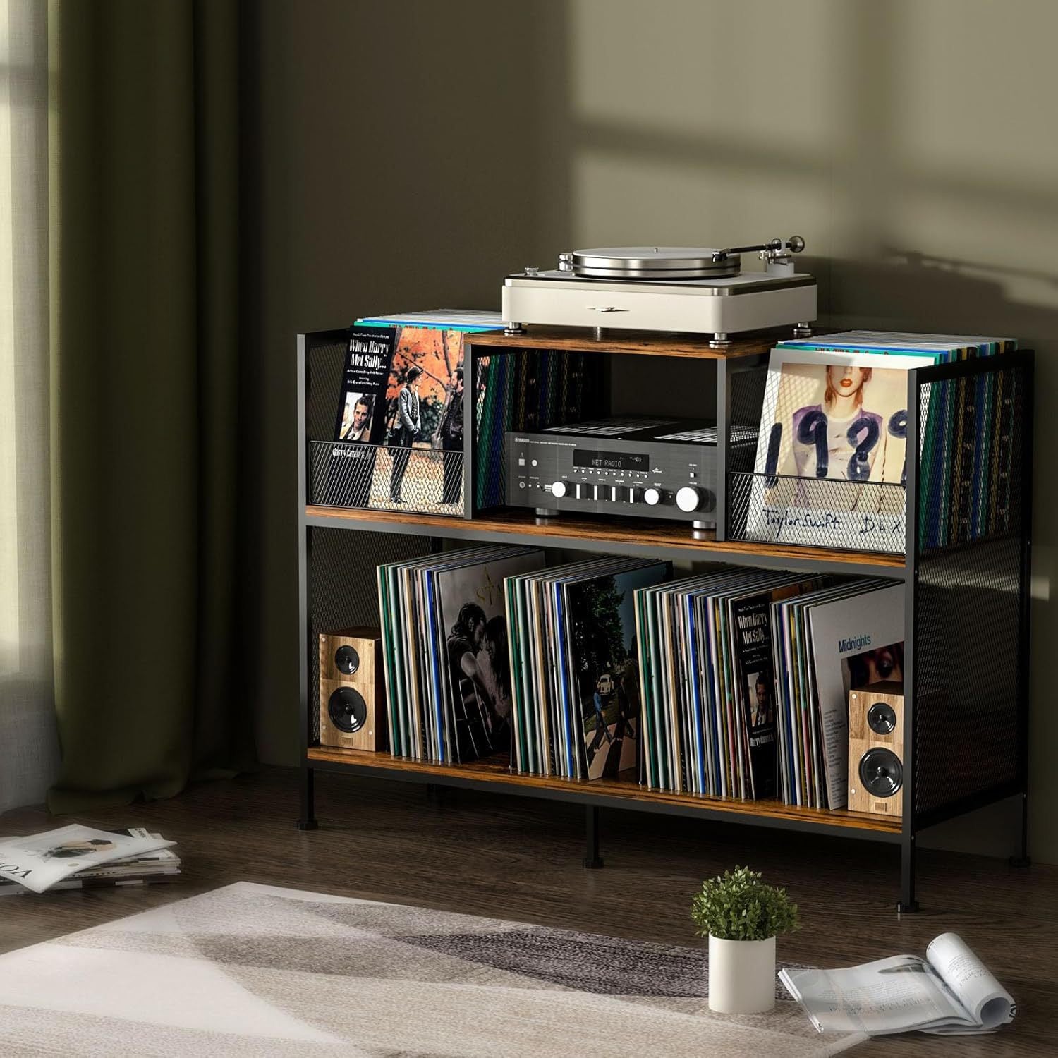 Double-Sided Record Player Stand with Vinyl Storage - Large Capacity Cabinet for Turntable & LP Records - Modern Living Room Furniture