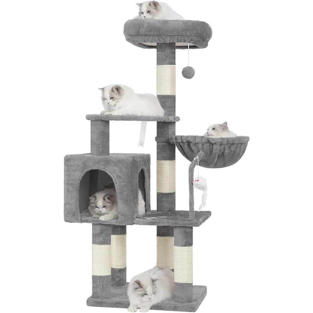 110cm Cat Tree with Toy, Cat Tower for Indoor Cats, Cat Play Tower with Padded Plush Perch, Cozy Hammock and Sisal Scratching Posts, Multi-Level House for Kittens, Light Gray
