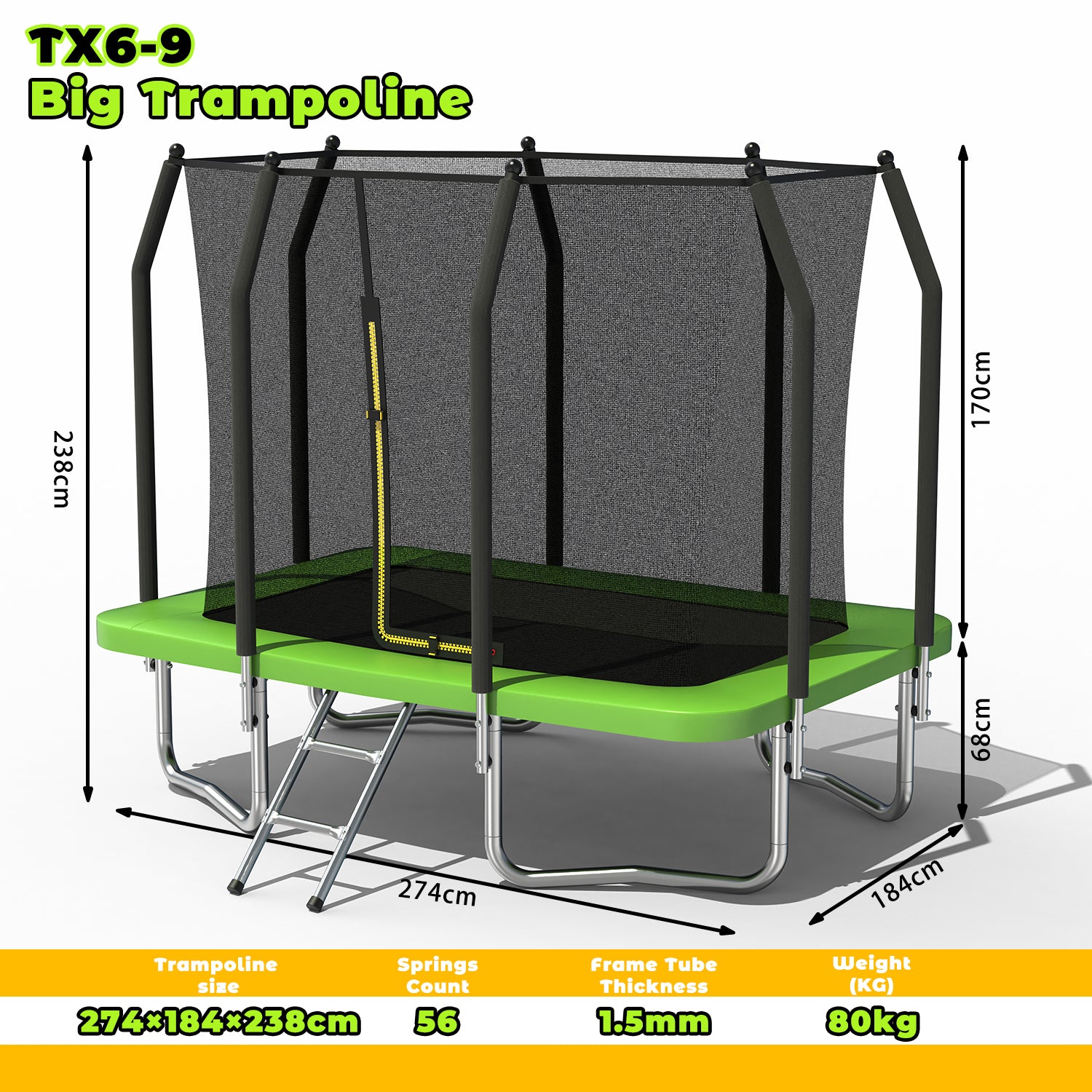 6FT x 9FT Outdoor Rectangular Trampoline,with Enclosure Net and Ladder