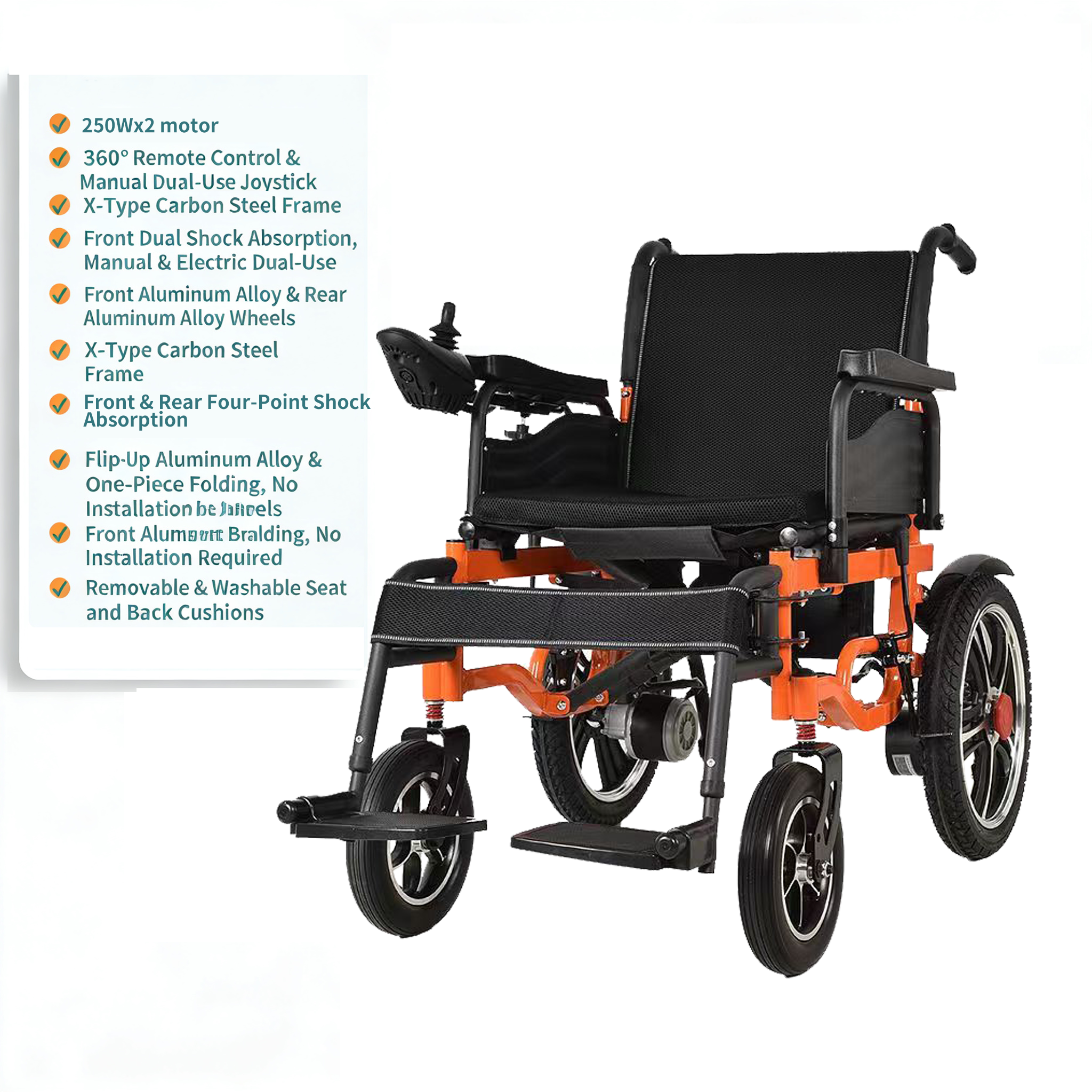 Electric Wheelchair with Wider Frame & Front & Rear Four-Point Shock A