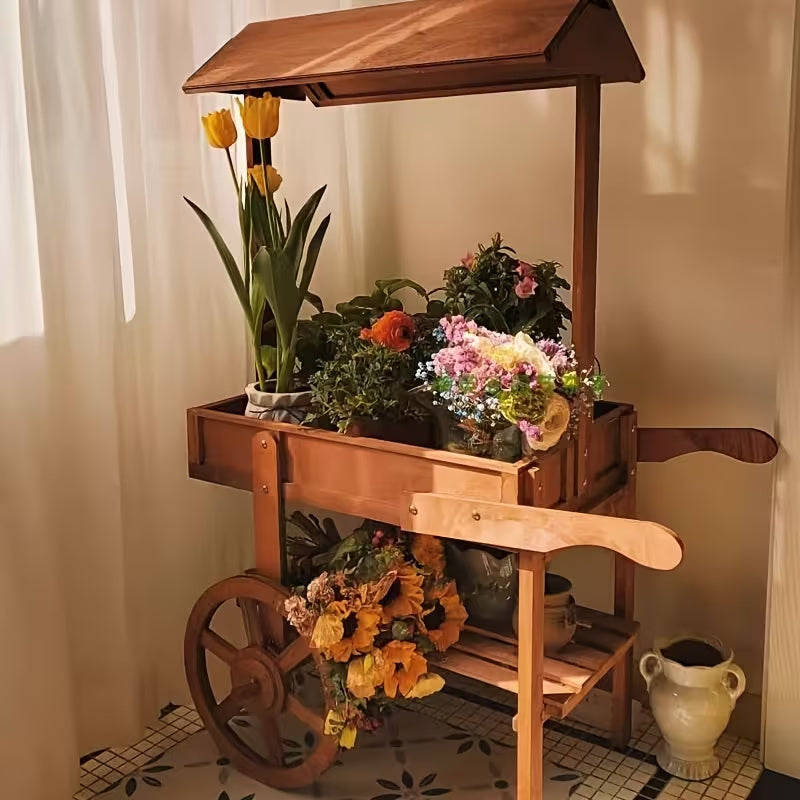 American Country Retro Double-Layer Wooden Plant Cart with Wheels