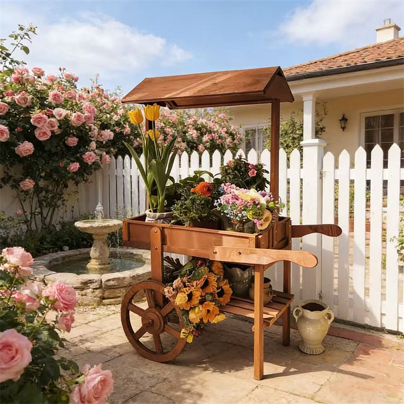 American Country Retro Double-Layer Wooden Plant Cart with Wheels