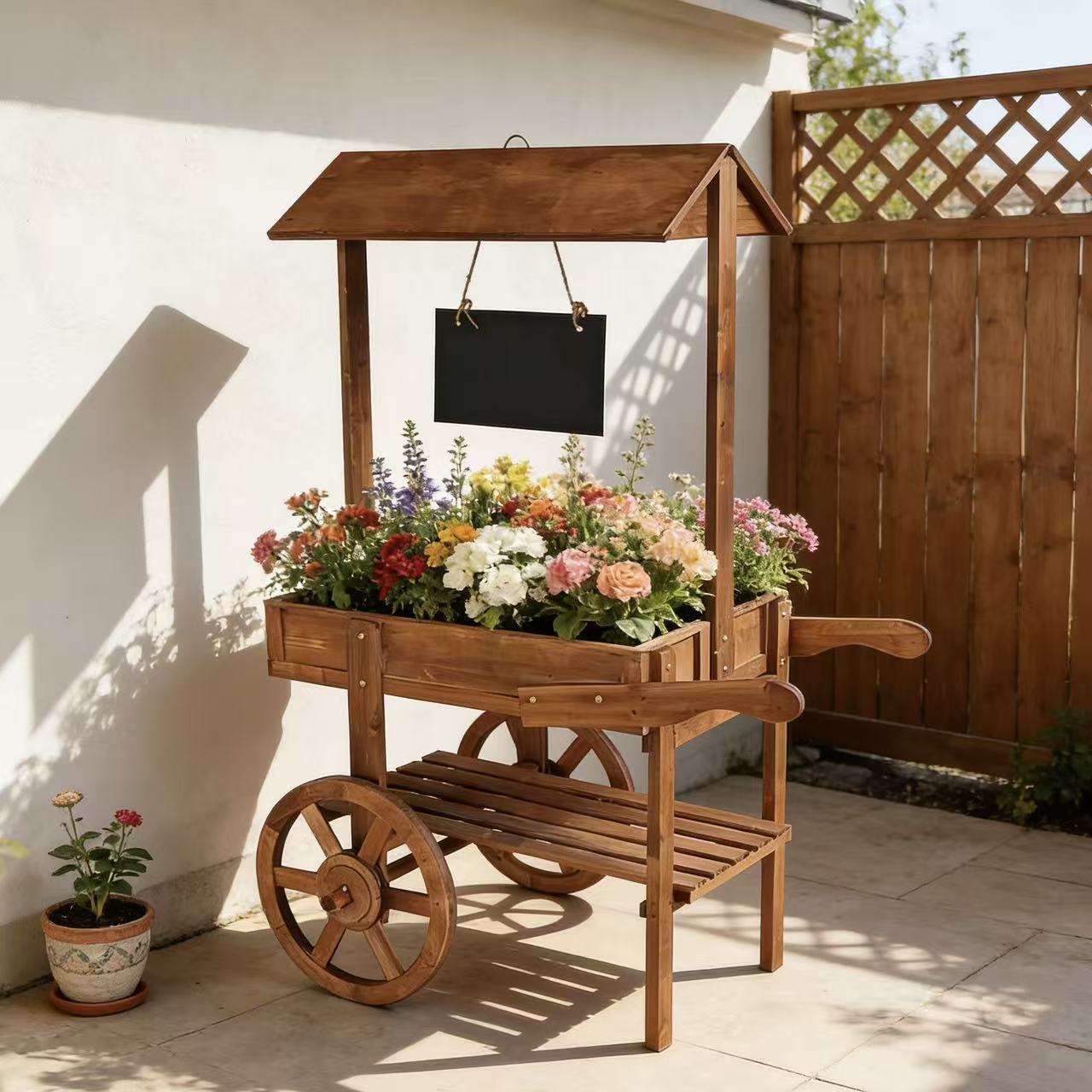 American Country Retro Double-Layer Wooden Plant Cart with Wheels