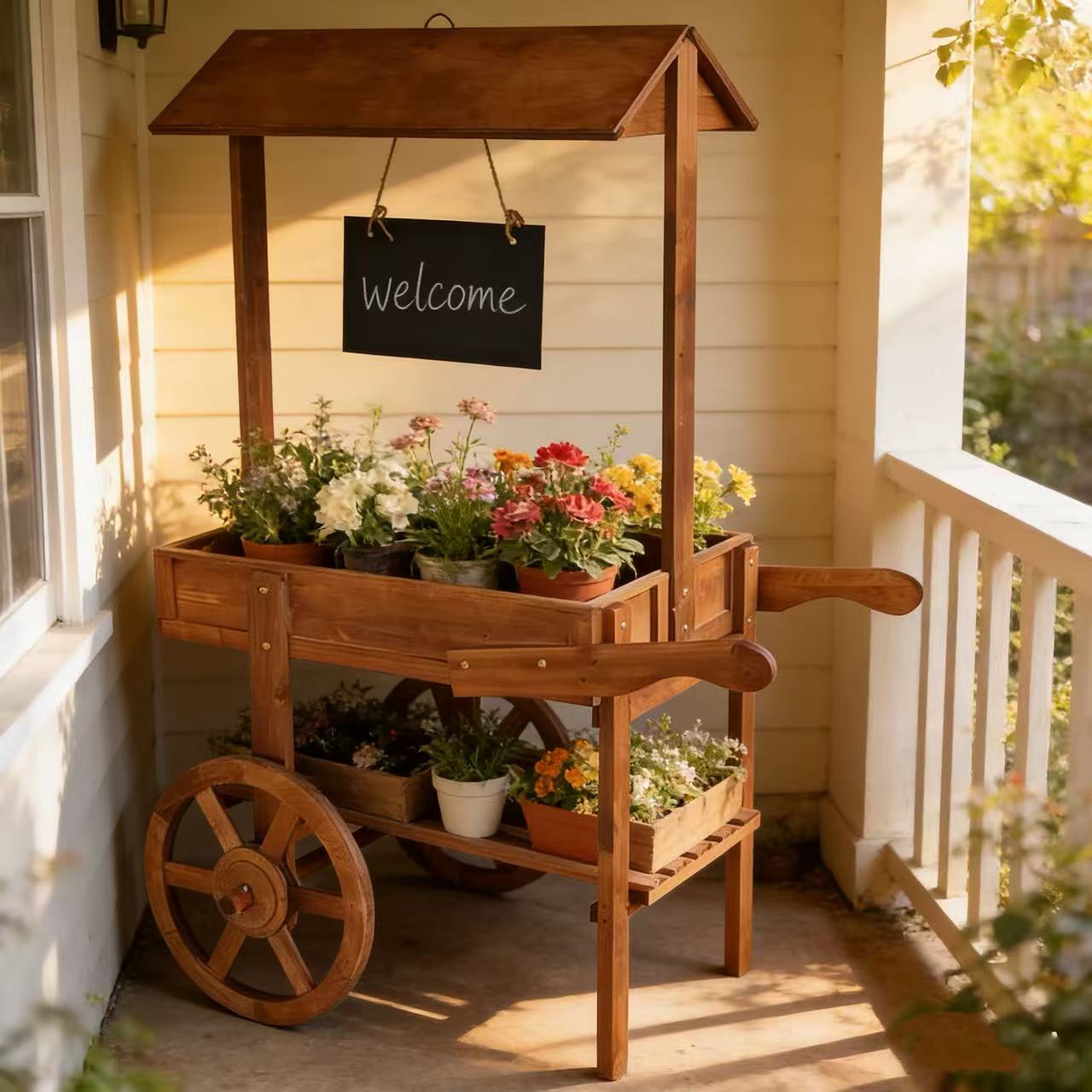 American Country Retro Double-Layer Wooden Plant Cart with Wheels