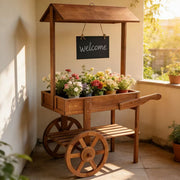 American Country Retro Double-Layer Wooden Plant Cart with Wheels