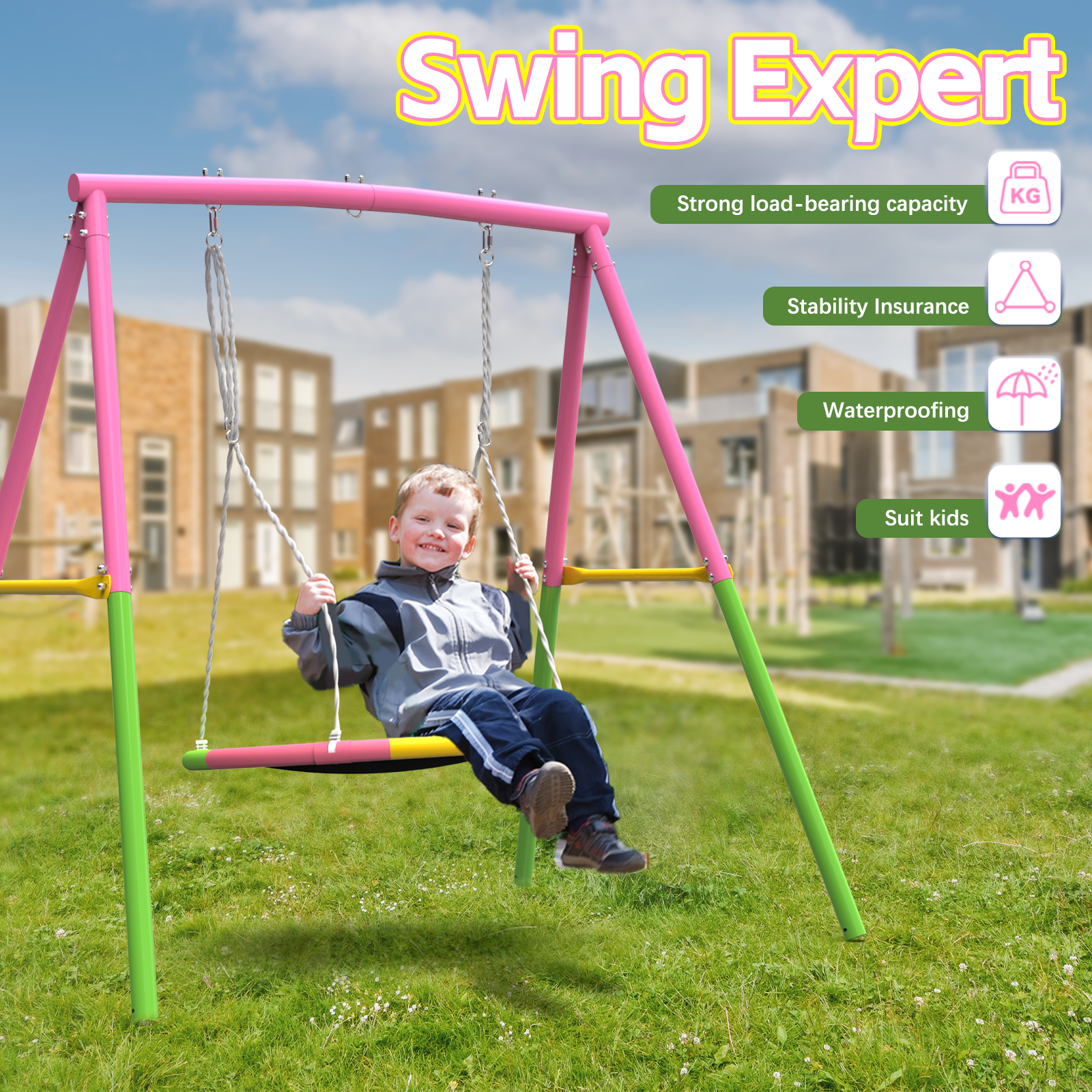 Flying Saucer Swing Set with Heavy Duty A-Frame Metal Swing Stand, Ful