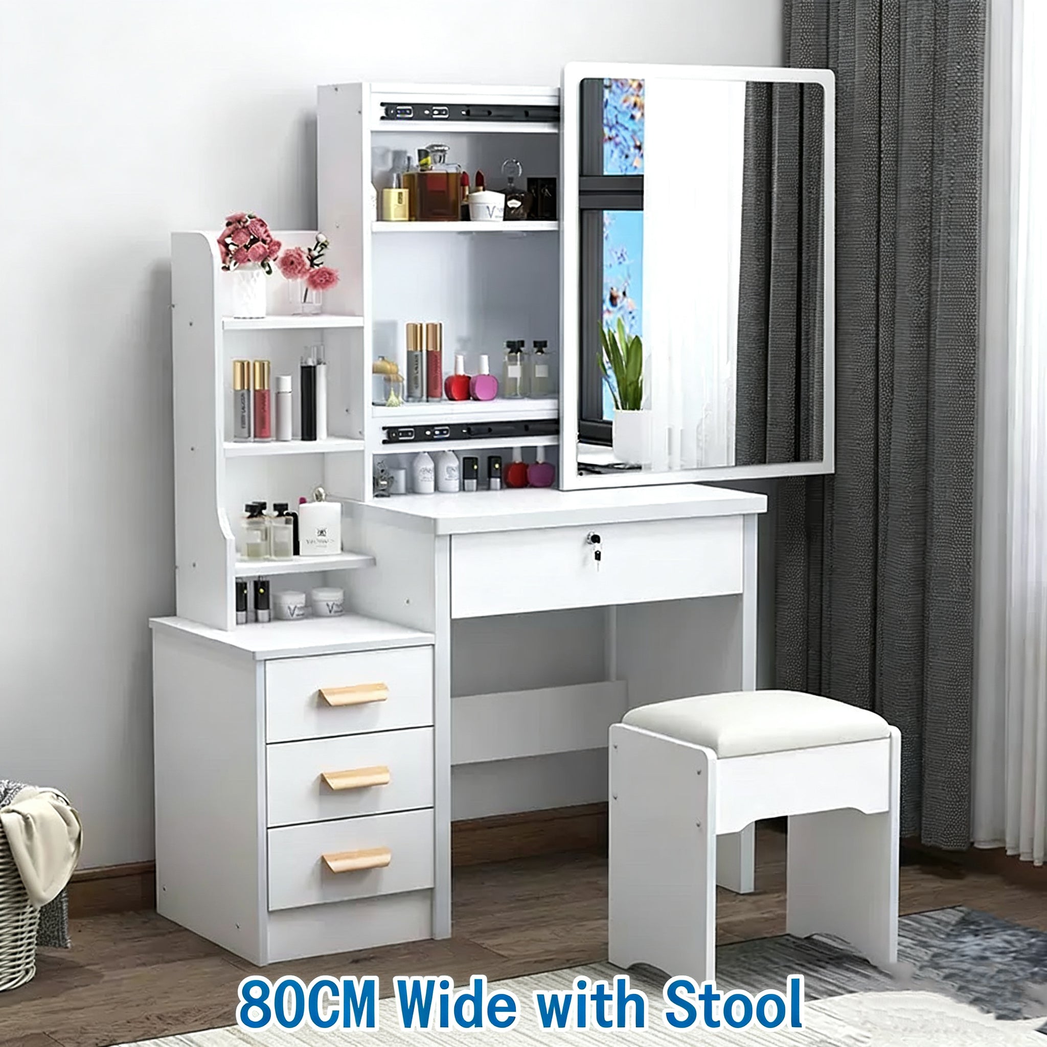 White Vanity Dressing Table Set - Glass Top, Drawers, Shelves, LED Lig