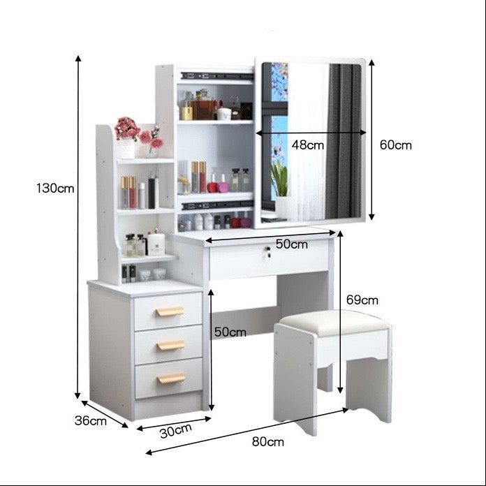 White Vanity Dressing Table Set - Glass Top, Drawers, Shelves, LED Lig
