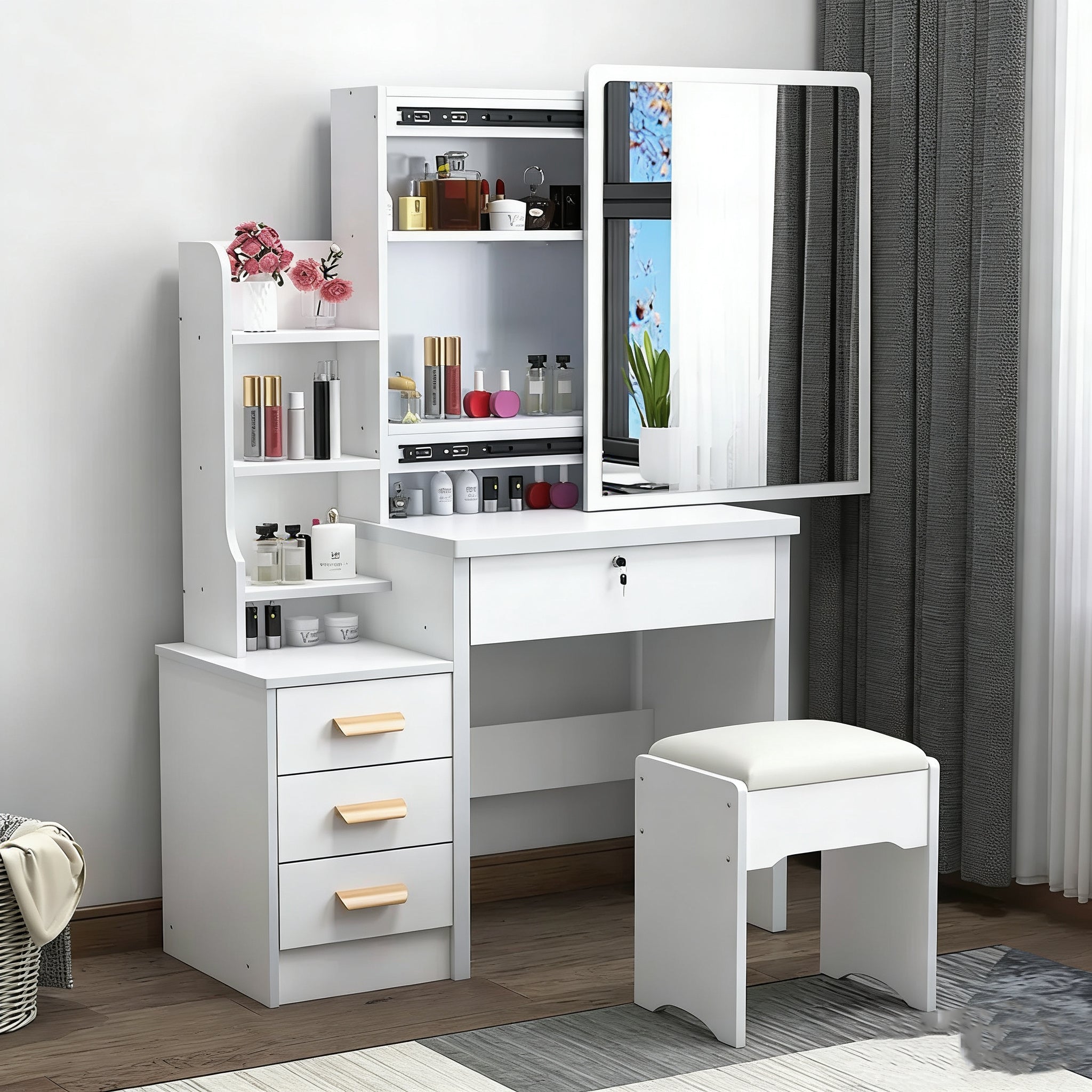 White Vanity Dressing Table Set - Glass Top, Drawers, Shelves, LED Lig