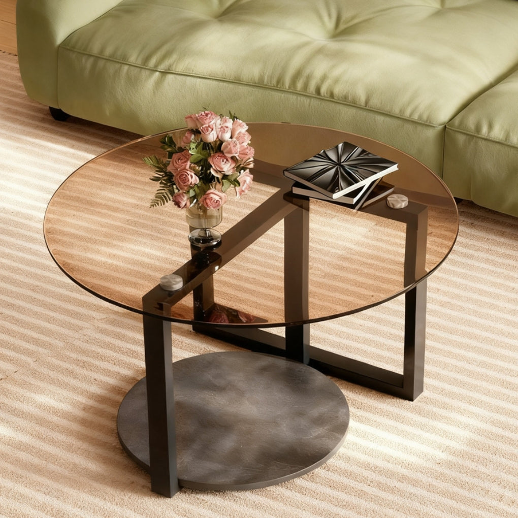 2 Tiers round glass coffee table luxury amber-tinted center table home