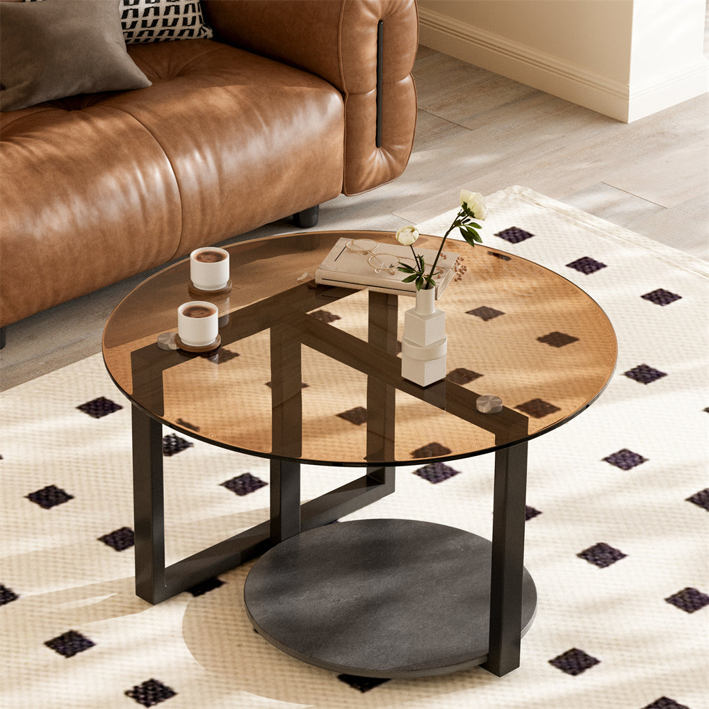 2 Tiers round glass coffee table luxury amber-tinted center table home
