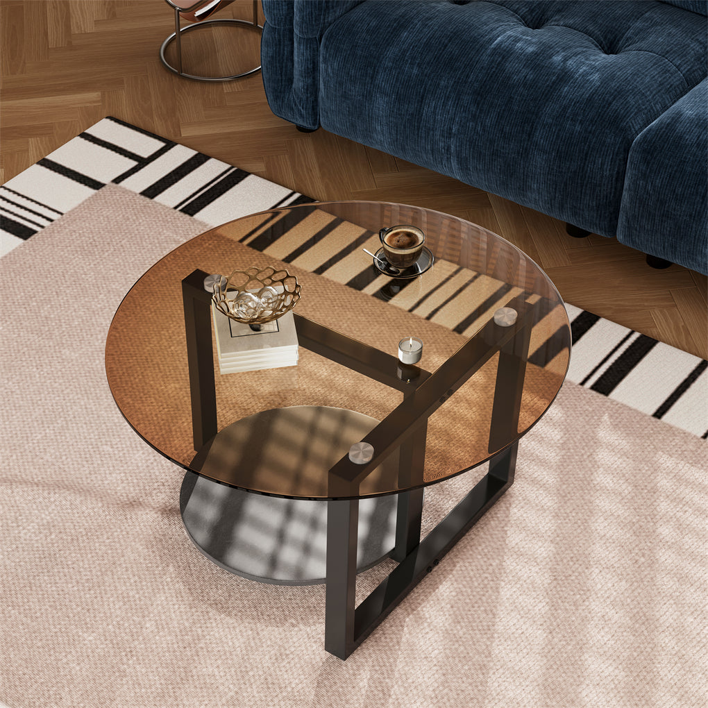 2 Tiers round glass coffee table luxury amber-tinted center table home