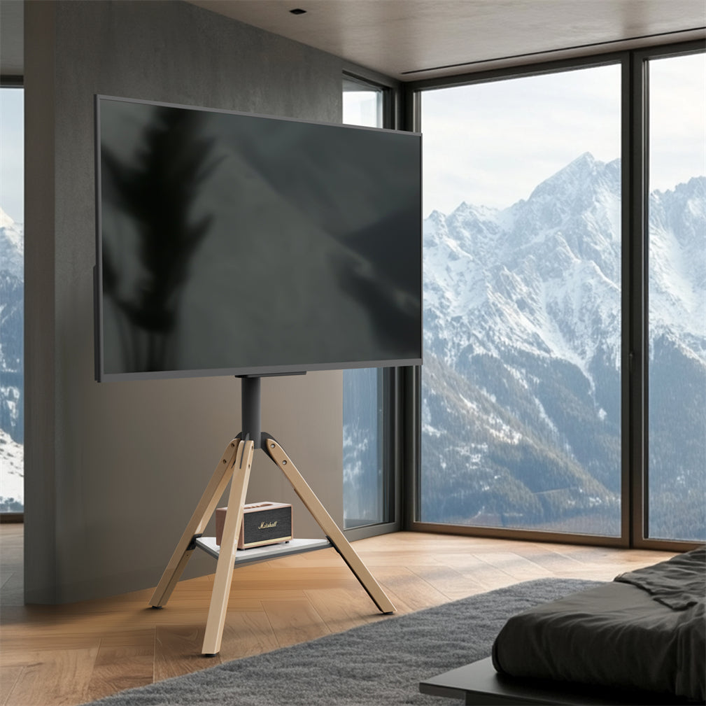 32-75" Floor TV Stand Stable Wooden Legs TV Mount Bracket w/ Shelf