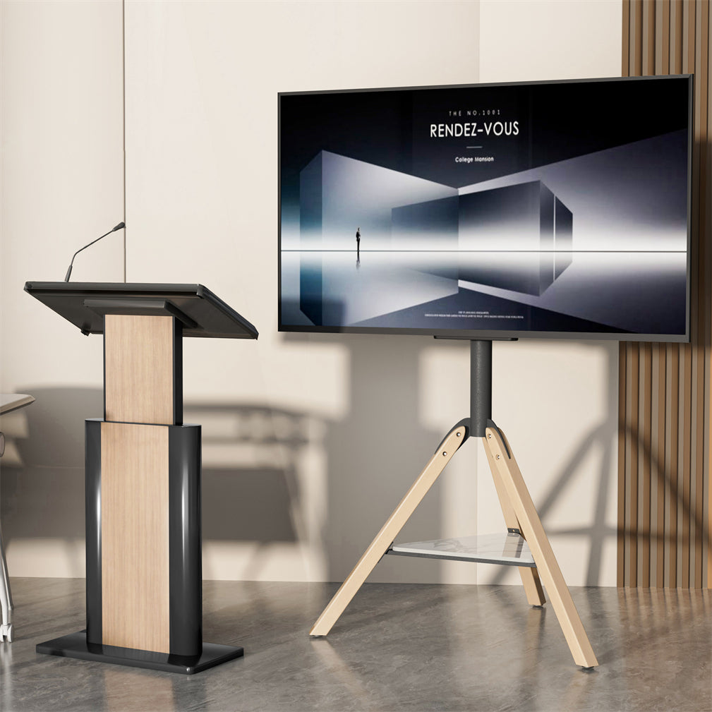 32-75" Floor TV Stand Stable Wooden Legs TV Mount Bracket w/ Shelf