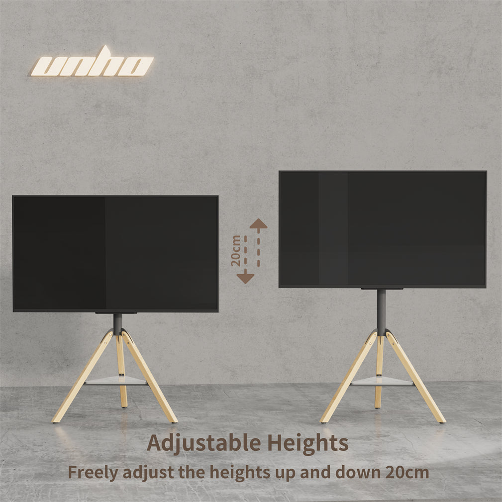 32-75" Floor TV Stand Stable Wooden Legs TV Mount Bracket w/ Shelf