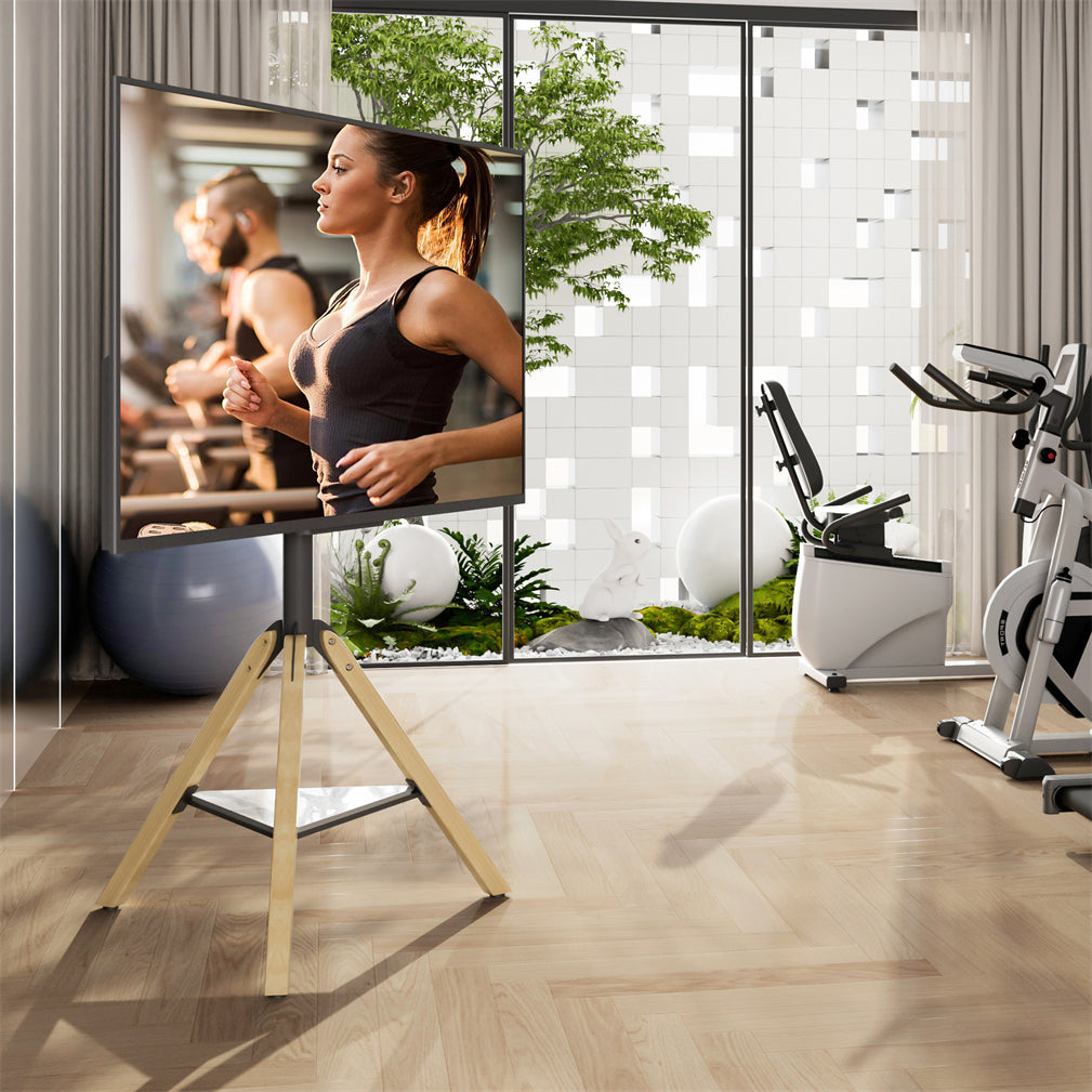 32-75" Floor TV Stand Stable Wooden Legs TV Mount Bracket w/ Shelf