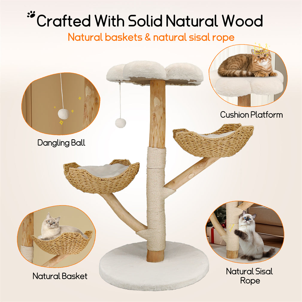 Solid Real Wood Cat Tree Tower Cat Kitty Scratching Post w/ Basket Bed