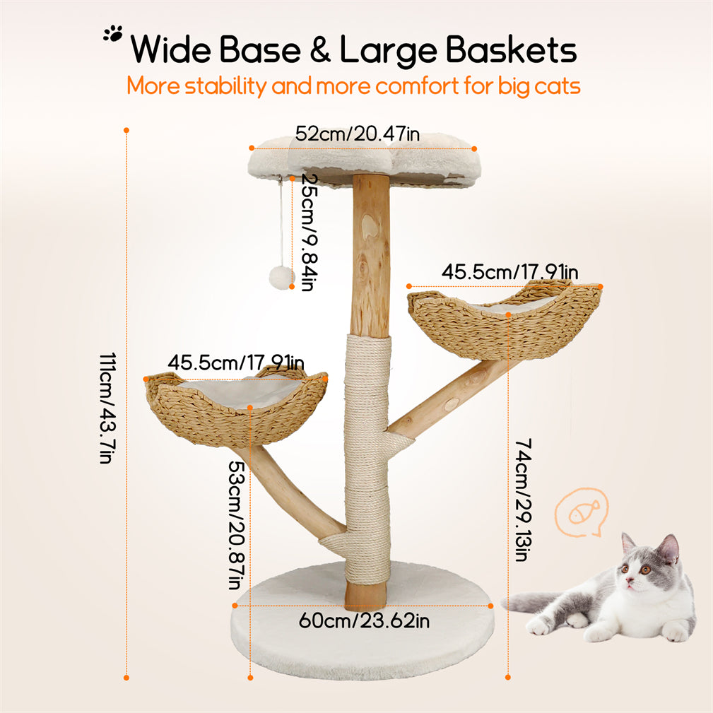 Solid Real Wood Cat Tree Tower Cat Kitty Scratching Post w/ Basket Bed