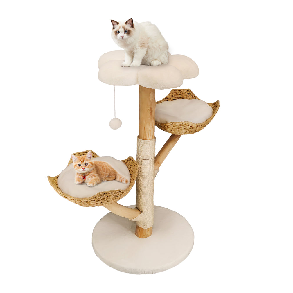 Solid Real Wood Cat Tree Tower Cat Kitty Scratching Post w/ Basket Bed