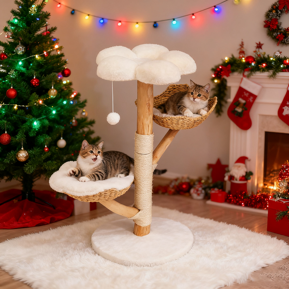 Solid Real Wood Cat Tree Tower Cat Kitty Scratching Post w/ Basket Bed