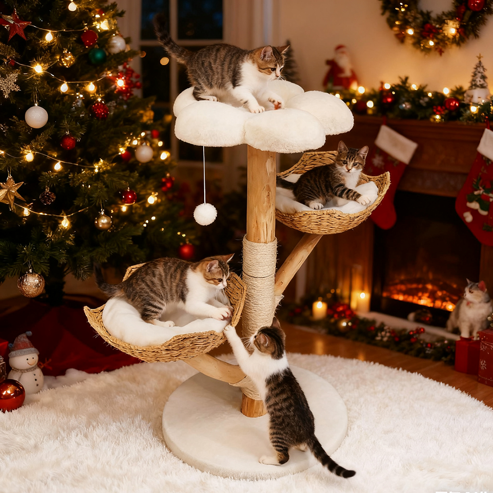 Solid Real Wood Cat Tree Tower Cat Kitty Scratching Post w/ Basket Bed