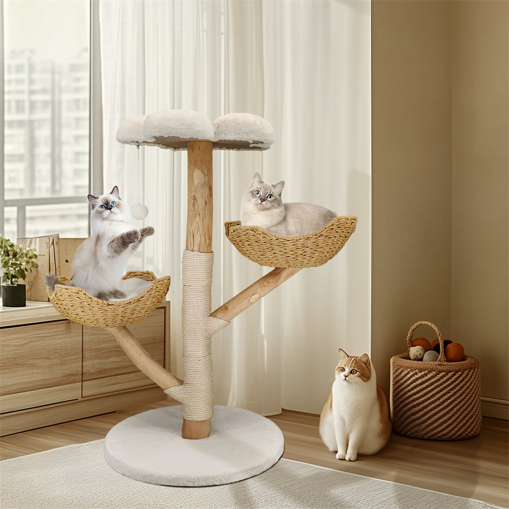 Solid Real Wood Cat Tree Tower Cat Kitty Scratching Post w/ Basket Bed