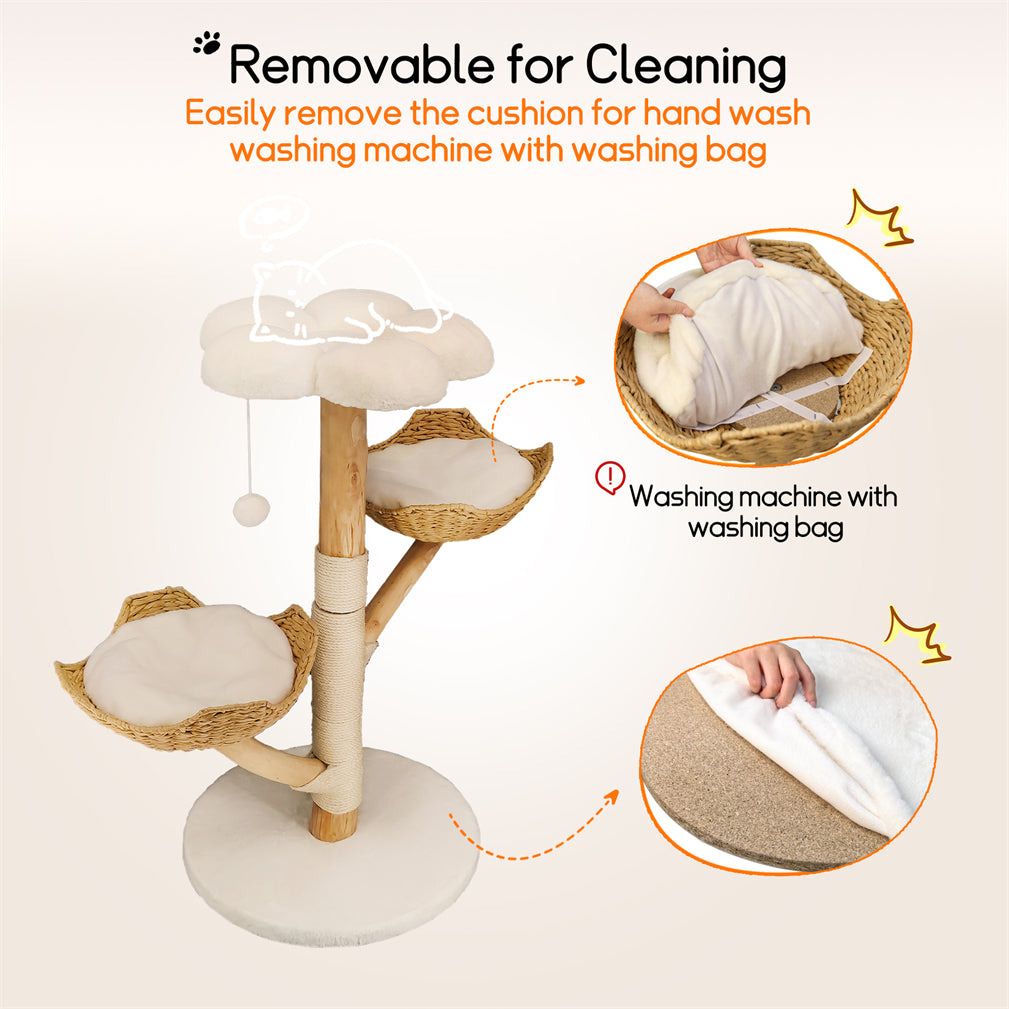 Solid Real Wood Cat Tree Tower Cat Kitty Scratching Post w/ Basket Bed