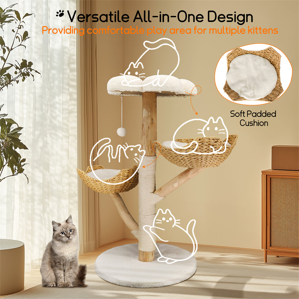 Solid Real Wood Cat Tree Tower Cat Kitty Scratching Post w/ Basket Bed