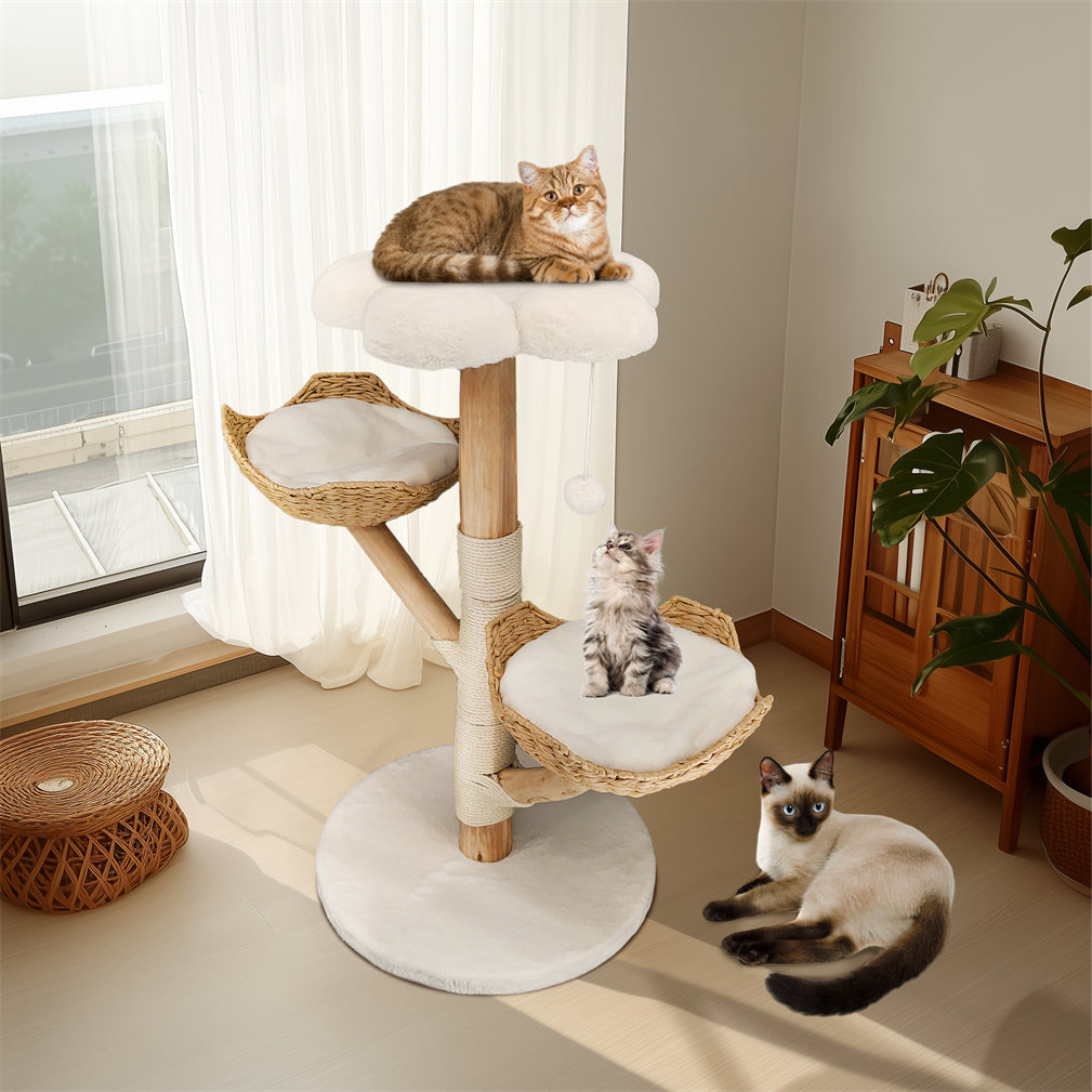 Solid Real Wood Cat Tree Tower Cat Kitty Scratching Post w/ Basket Bed