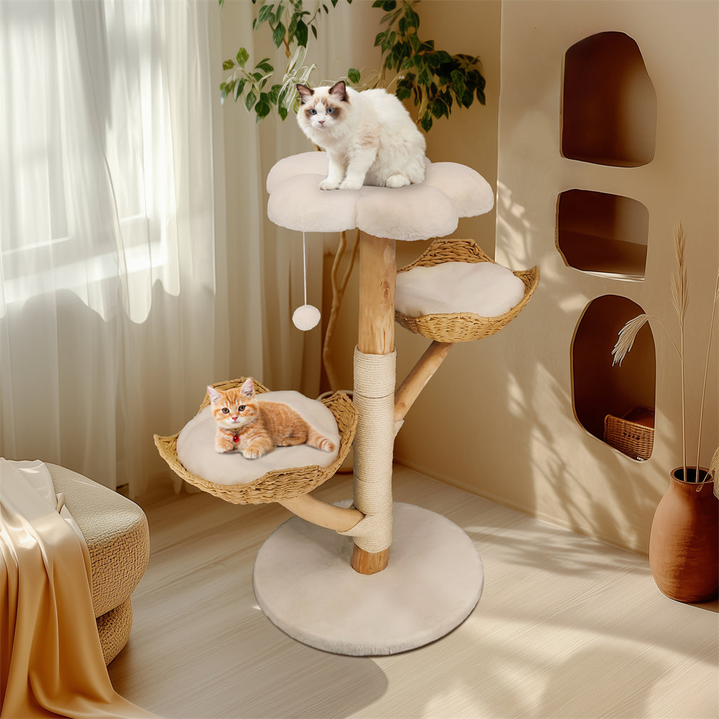 Solid Real Wood Cat Tree Tower Cat Kitty Scratching Post w/ Basket Bed