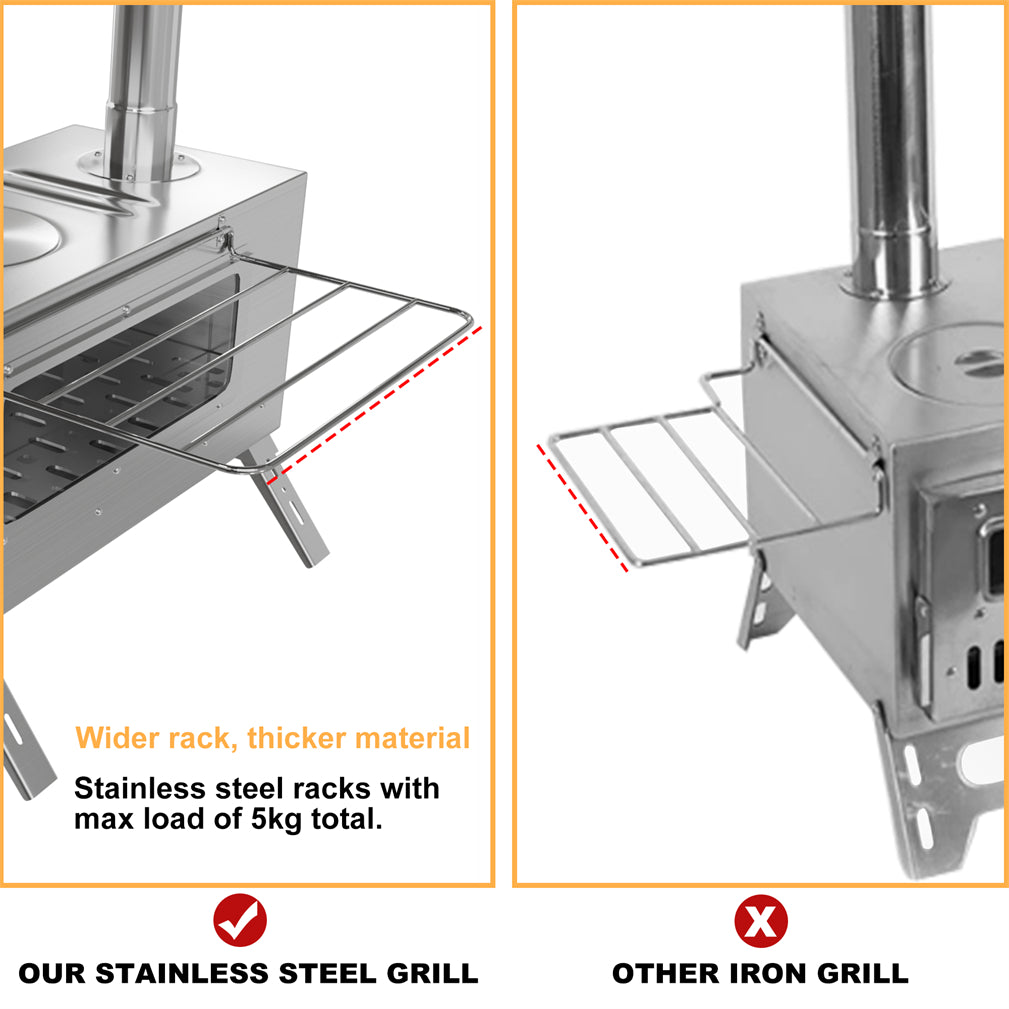 Stainless Steel Portable Camping Wood Stove Tent Stove w/ Chimney Pipe
