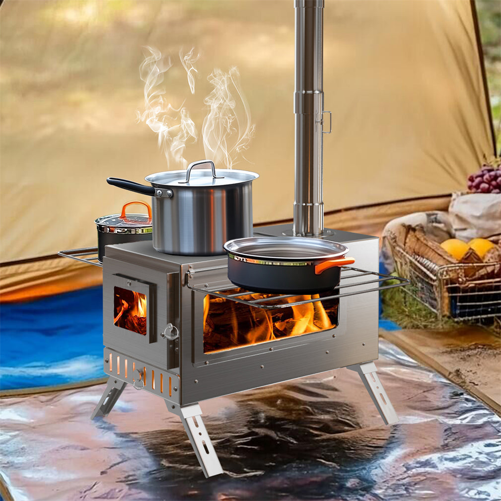 Stainless Steel Portable Camping Wood Stove Tent Stove w/ Chimney Pipe