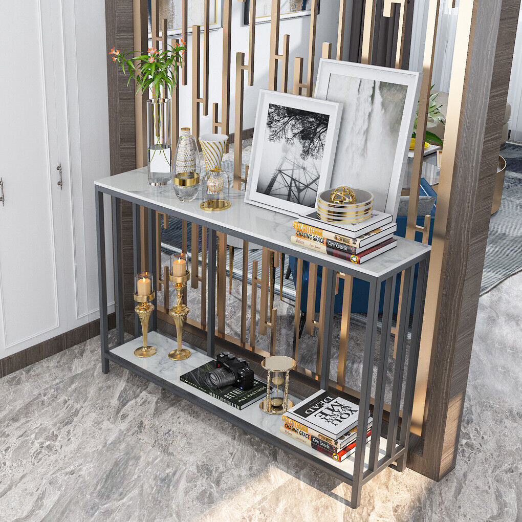2Tier White Marble Entryway Console Table Extra Long Foyer Couch Table